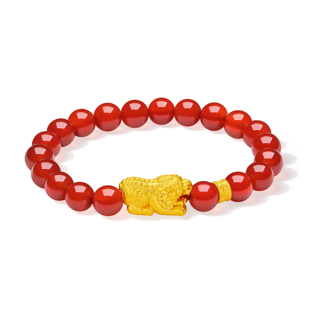 Jiuhua Mountain' 24K Gold Beaded Bracelet Agate Ksitigarbha's Mount Diting A1915261