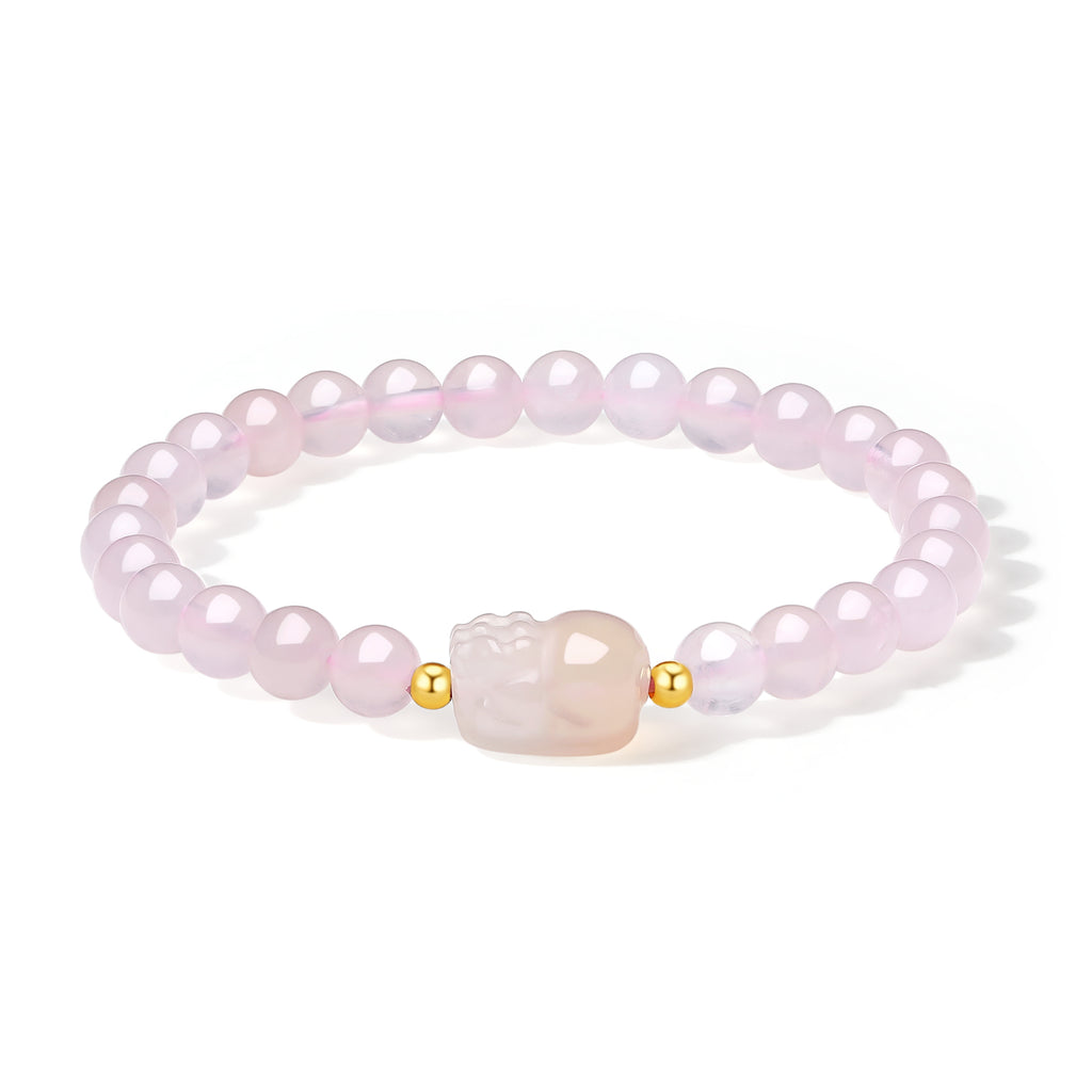 18K Yellow Gold Beaded Bracelet Rose Quartz 6-6.5mm Agate   Pixiu 0.02-0.06g C1913745