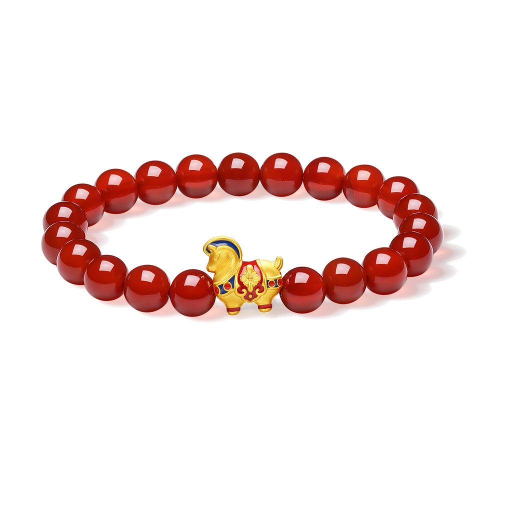 'Year of the Horse'  24K Gold Beaded Bracelet Agate Horse 0.87-1.17g 17cm A1920841