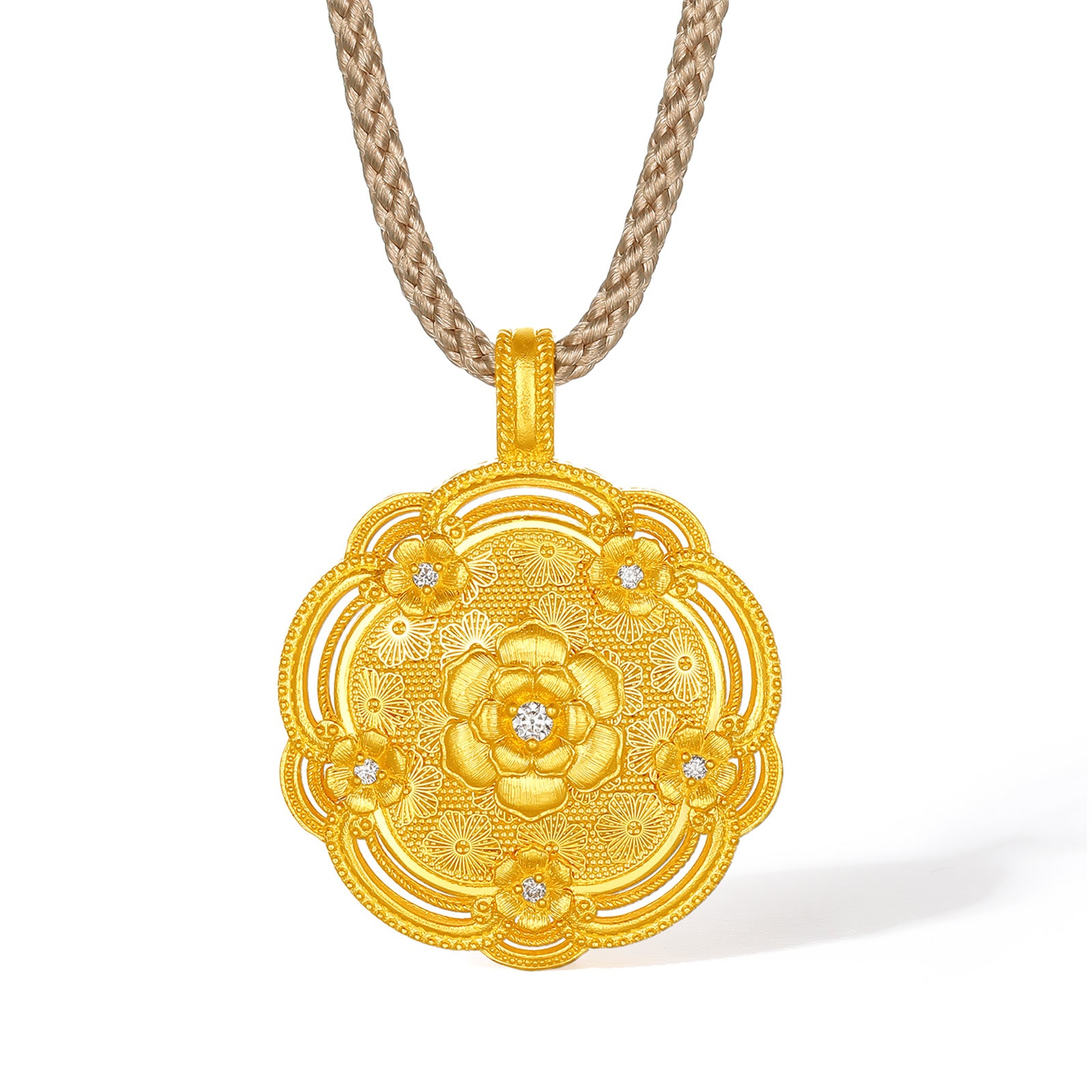 「中國文化藏品 - 宋錦」24K金吊墜項鍊鑽石花10.12-12.62g W0423872