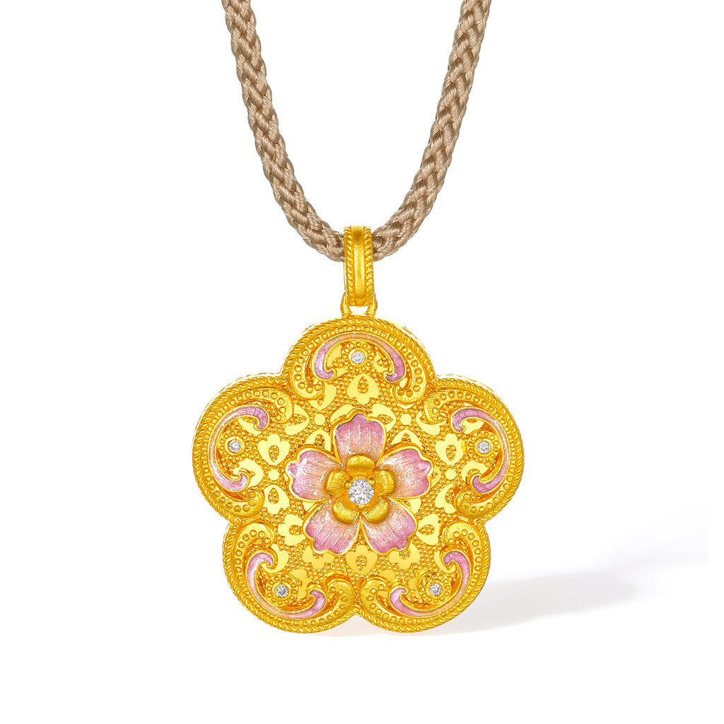 「華夏文化藏品——宋錦」24K 黃金吊墜項鍊鑽石花 9.11-11.61 克 W0423871