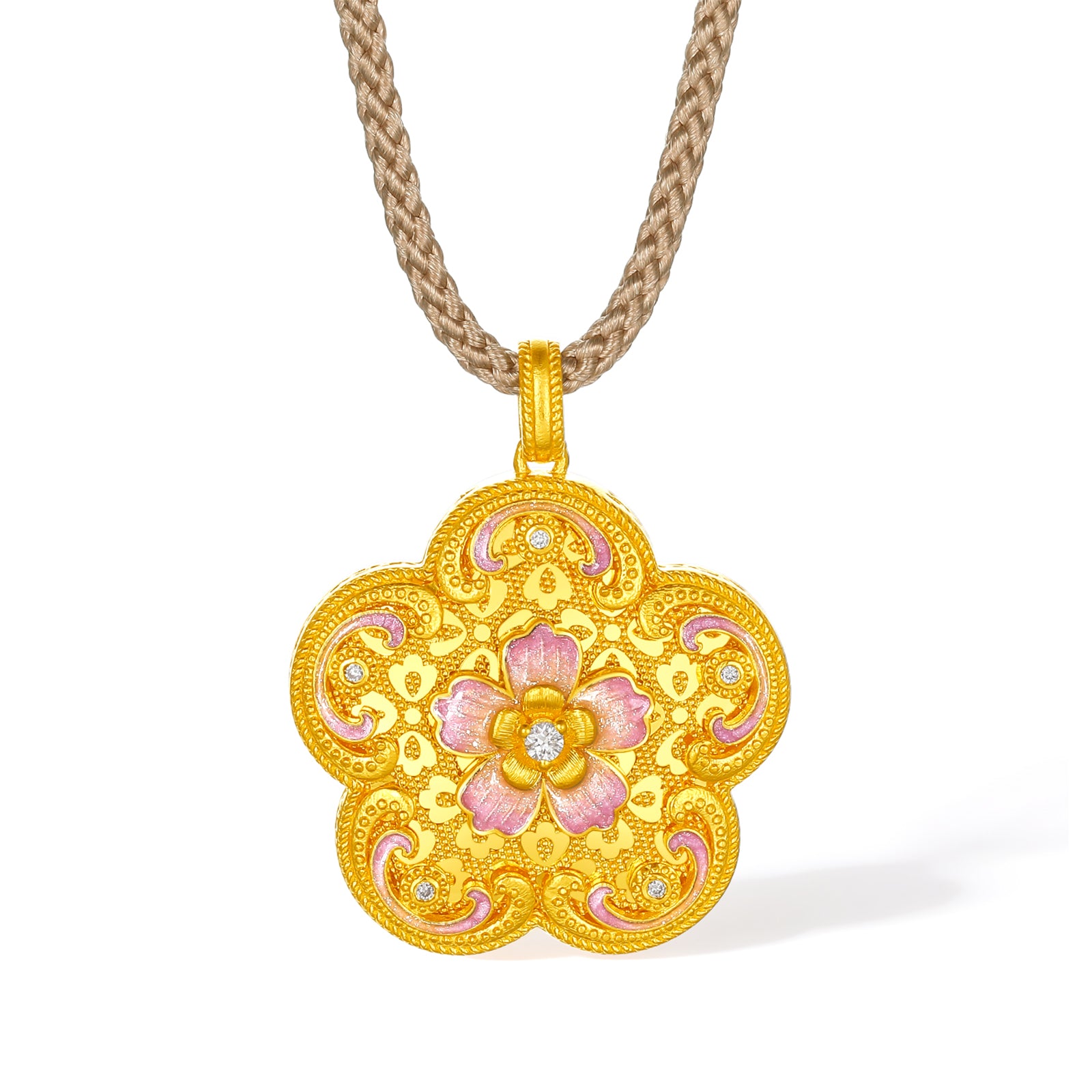 「華夏文化藏品——宋錦」24K 黃金吊墜項鍊鑽石花 9.11-11.61 克 W0423871