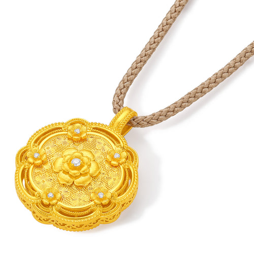 「中國文化藏品 - 宋錦」24K金吊墜項鍊鑽石花10.12-12.62g W0423872
