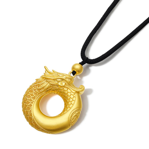 "Antiquity Gold" 999.9 24K Gold Pendant Necklace Peace Buckle Dragon 20-24g A0412995