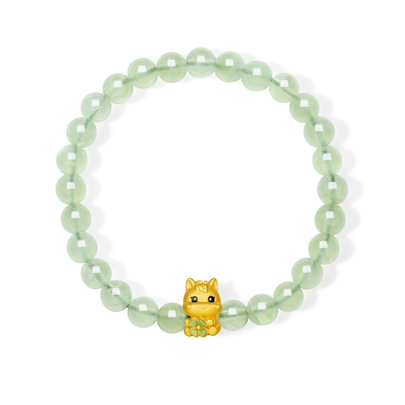 「馬年」24K金珠手鍊，鑲嵌葡萄石馬形三葉草，重0.7-1克，長17厘米，貨號A1916023