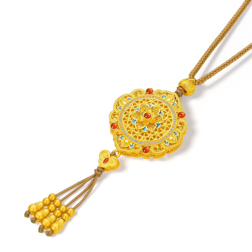 "Chinese Culture Collection - Woven Bamboo" 24K Gold Pendant Necklace Diamond Flora 18.96-20.96g W0423496