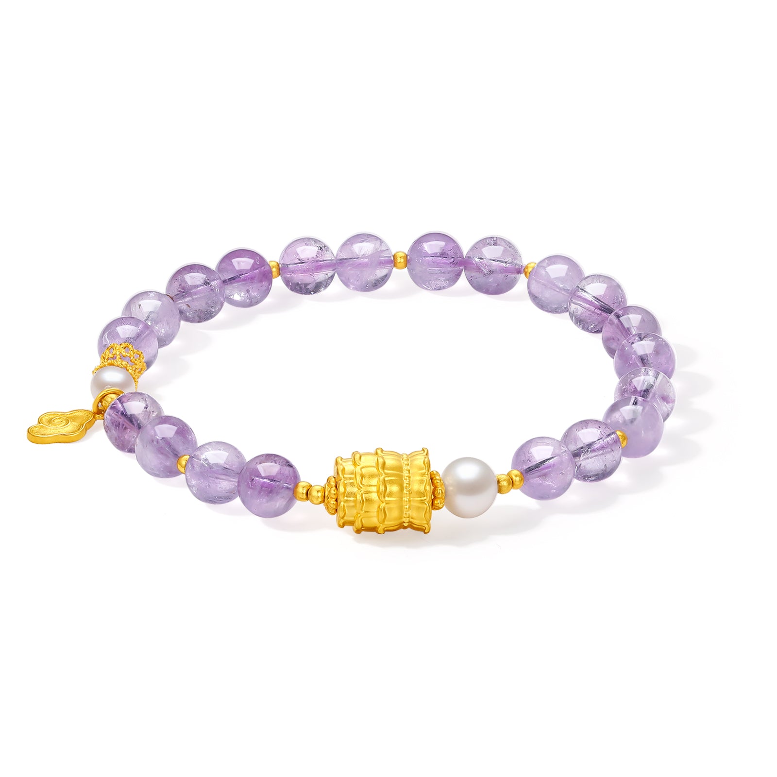 Jiuhua Mountain' 24K Gold Beaded Bracelet Amethyst Pearl Ksitigarbha's Implements J1915266