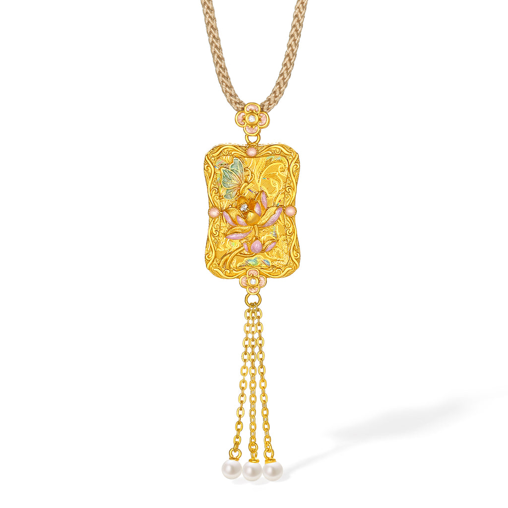 「中華文化臻品 - 宋錦」24K金項鍊 鑽石 3.5-4mm珍珠 蓮花 12.18-14.68g W0423277