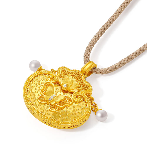 「華夏瑰寶」宋錦 24K 黃金吊墜頸鍊 鑽石 3.5-4mm 珍珠 福袋 9.95-12.45克 W0423964