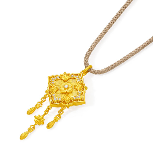 中國文化臻品 宋錦 24K 黃金吊墜項鍊 鑽石花 9-11克 W0423962