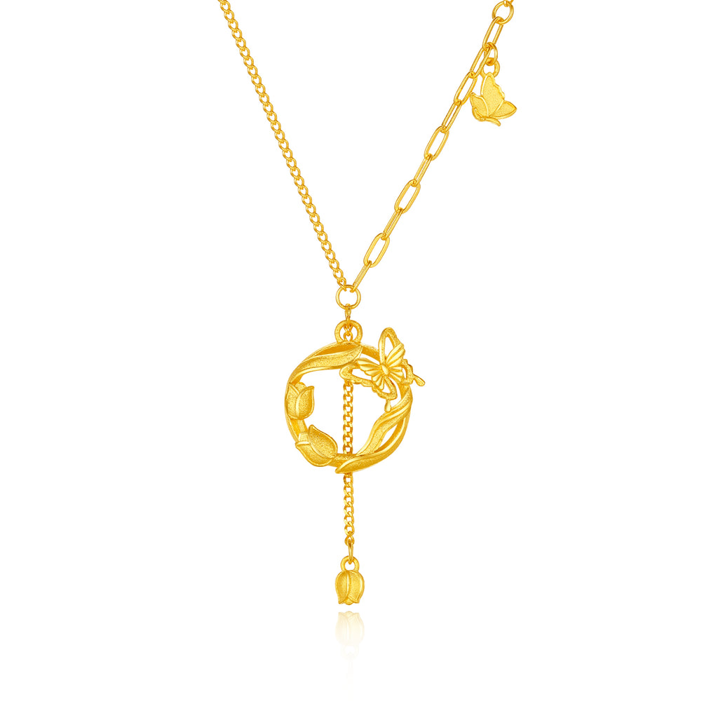 “Dream in the Garden” 24K Gold Pendant Necklace Flower 4-4.3g A0614956