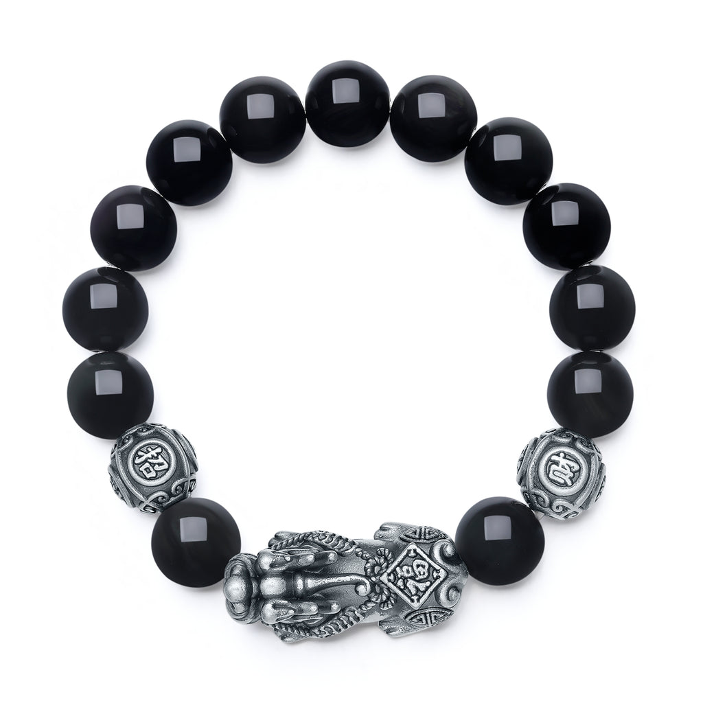 ZHOU LIU FU S925 Sterling Silver Bracelet Pixiu Obsidian Crystal Stretch Beaded Bracelets Feng Shui Auspicious Jewelry Gift for Men Father Boyfriend 7.9"