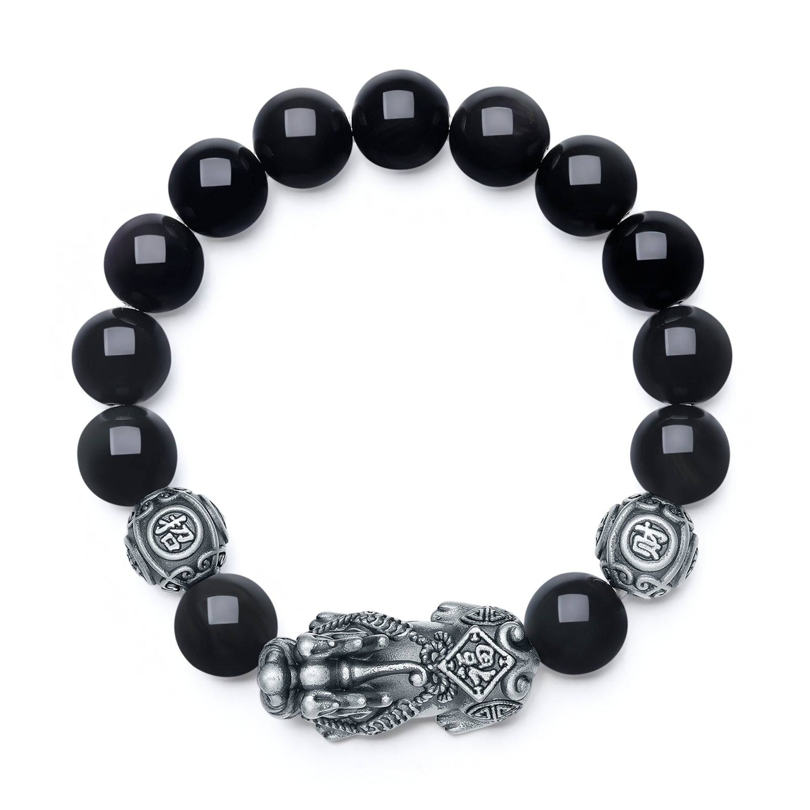 ZHOU LIU FU S925 Sterling Silver Bracelet Pixiu Obsidian Crystal Stretch Beaded Bracelets Feng Shui Auspicious Jewelry Gift for Men Father Boyfriend 7.9"
